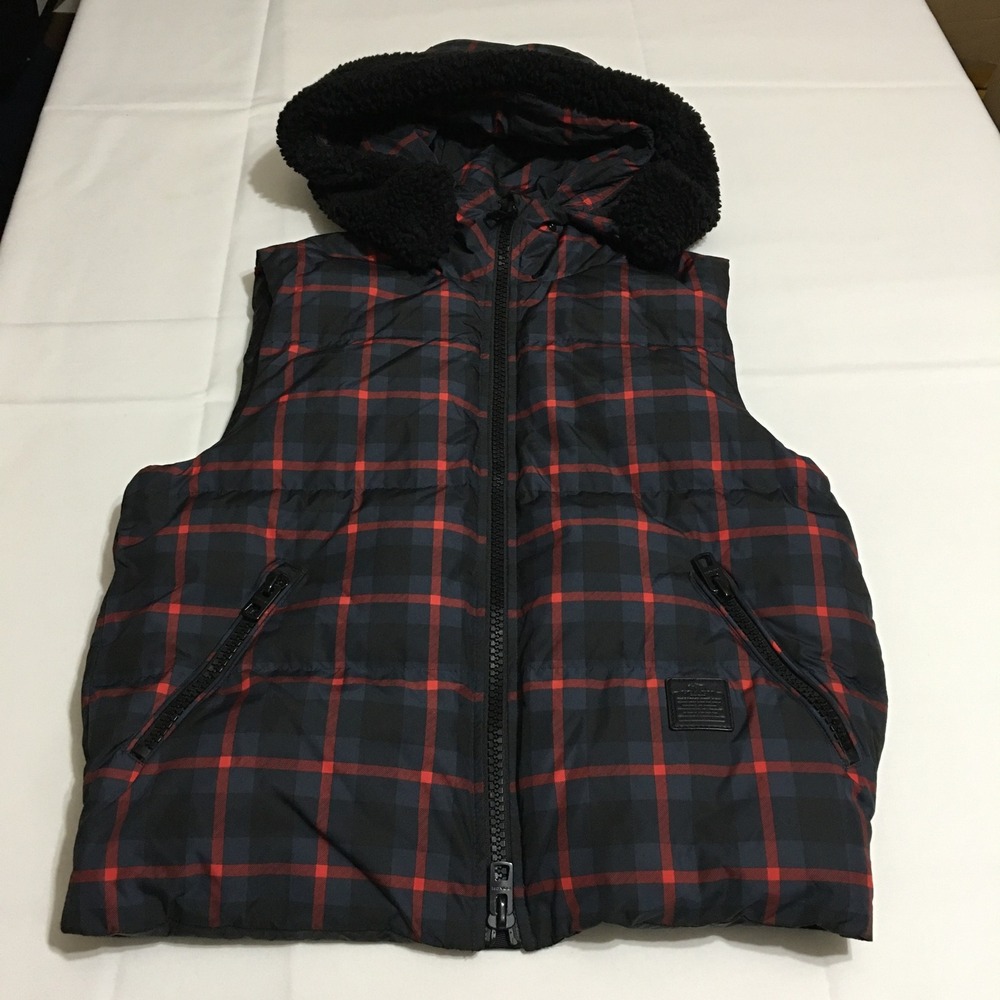Coach Riley Red Buffalo Plaid Puffer Vest Medium Hooded Sherpa Trim Jacket